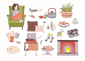 Set of hygge attributes, furniture and home decorations isolated on light background - fireplace, pillows, turntable with playing vinyl record, girl sitting in cozy armchair. Vector illustration.