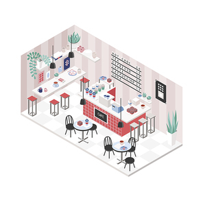 Modern cafe, coffee shop, restaurant interior in isometric style, Colorful illustration, top view.