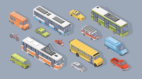 Collection of isometric motor vehicles isolated on gray background - car, scooter, bus, tram, trolleybus, minivan, bicycle, pickup truck. Set of automobile transport. Colorful vector illustration.