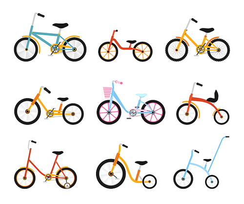 Various kids bikes collection. Colorful bicycles with different frame types. Vector flat illustration set