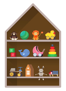 Kids shop, shelf with toys, Colorful childish illustration