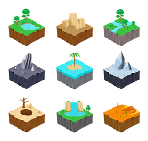 Set of isometric game islands. Cute lake, river, rock, river, island, ice, desert, waterfall canyon locations Colorful vector illustration collection