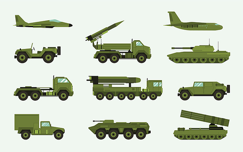 Set of different military transport. Modern equipment collection fighting machine, air defense, car, truck, tank, armored vehicles, artillery pieces. Vector illustration in flat style.