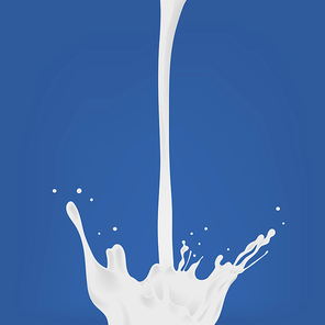 Pouring milk. White flow and splash. Colorful realistic vector illustration on blue background