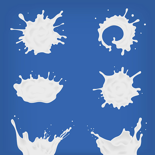 Set of different realistic milk splash and pouring. White spots, drops of various shapes collection. Vector illustration on blue background