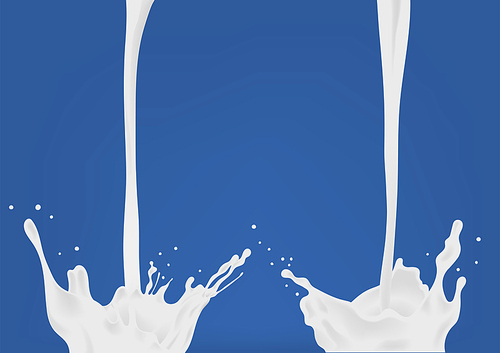 Pouring milk. Two white flow and splash. Colorful realistic vector illustration on blue background