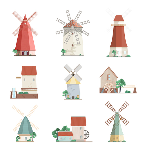 Set of colorful windmills and watermills of different types - smock, tower, post mills isolated on white . Agricultural buildings with rotating sails. Vector illustration in flat style
