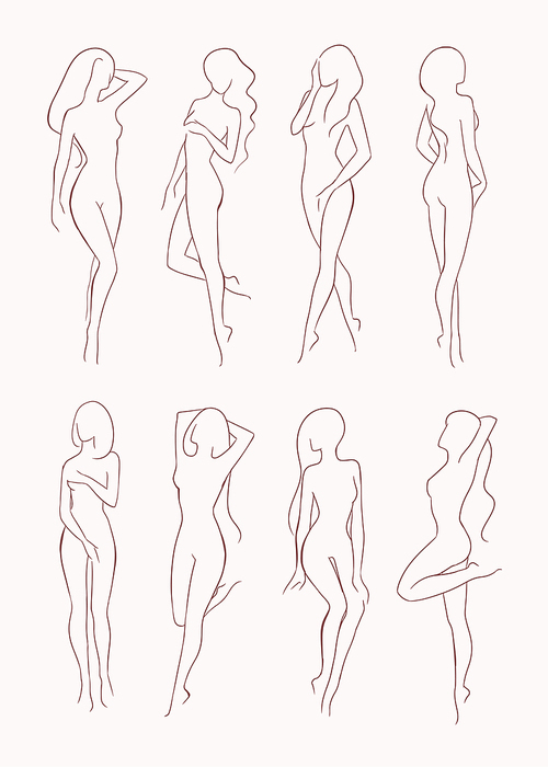 Set of various nude woman silhouette. Beautiful long-haired girl in different poses. Hand drawn vector illustration collection