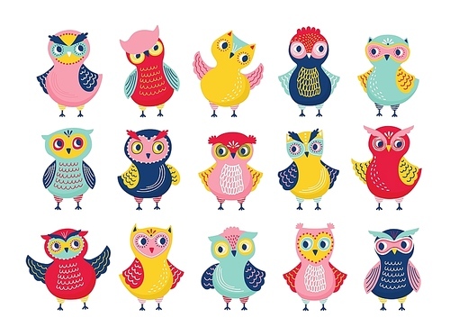 Bundle of different funny owls or owlets isolated on white . Collection of adorable cartoon forest birds standing in various positions. Set of childish design elements. Vector illustration.