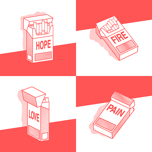 concept, set of pack of cigarettes with different inscriptions pain, hope, love, fire. various variants, vector illustrations collection