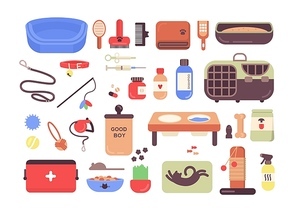 Collection of pet shop goods for cats and dogs isolated on white . Set of items for domestic animals care, treatment, grooming, entertainment, feeding. Colorful flat vector illustration.