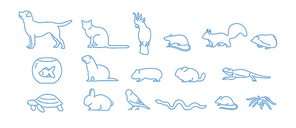 Collection of pet icons drawn with blue contour line on white background. Set of domestic animal linear symbols. Vector illustration