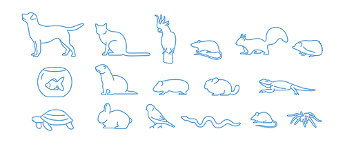 Collection of pet icons drawn with blue contour line on white background. Set of domestic animal linear symbols. Vector illustration