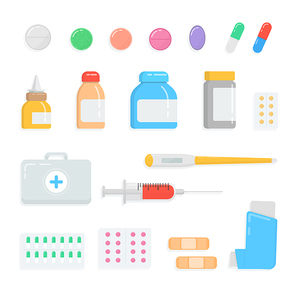Set of different pills and drugs. First-aid kit contents medication, drops, tablet, syringe, thermometer, plaster, inhaler, capsule, vial medicine bottle collection Vector flat illustration
