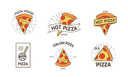 Bundle of colored logotypes with appetizing pizza slices, wheel cutter and rays hand drawn in retro style. Vector illustration for logo of Italian restaurant, pizzeria, food delivery service