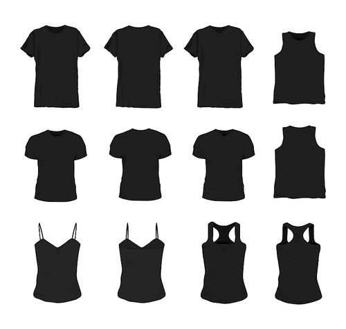 Set of different realistic black t-shirt for man and woman. Front and back view. Shirt sleeveless, short-sleeve, singlet, tank top. Vector illustration collection