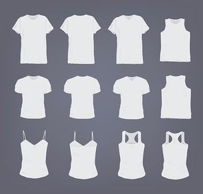 Set of different realistic white female and male t-shirt. Front and back view. Shirt sleeveless, short-sleeve, singlet, tank top. Vector illustration collection in gray background