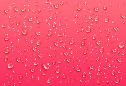 Realistic transparent water drops. Pure condensed droplets on bright pink background. Wet surface and clear liquid formed by condensation. Vector illustration