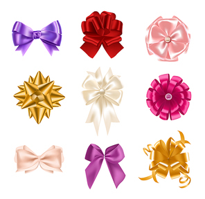 Collection of elegant colorful realistic silk bows of different types isolated on white . Set of beautiful holiday decorative elements, shiny festive gift decorations. Vector illustration