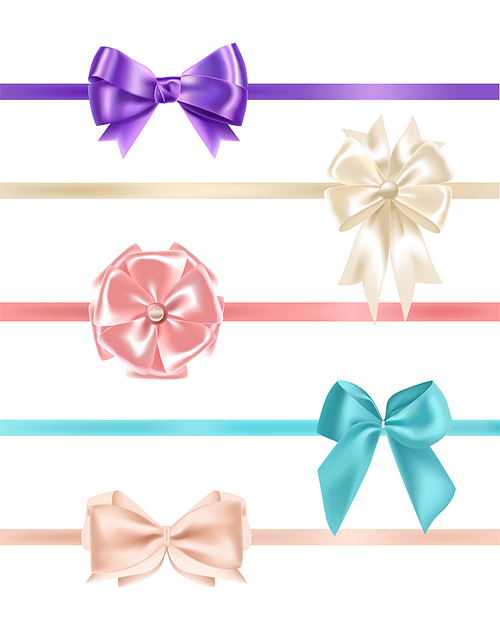 Bundle of gorgeous realistic satin bows and ribbons of various types and colors isolated on white . Set of elegant decorative elements, glossy present decorations. Vector illustration