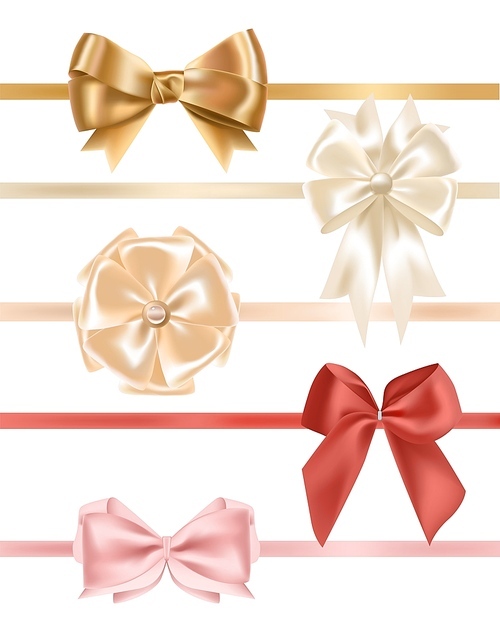 Collection of satin ribbons decorated with bows. Bundle of elegant decorative design elements. Set of festive gift decorations isolated on white . Colorful realistic vector illustration
