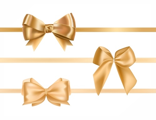 Bundle of golden satin ribbons decorated with bows.Collection of fancy decorative design elements. Set of festive gift decorations isolated on white . Colorful realistic vector illustration