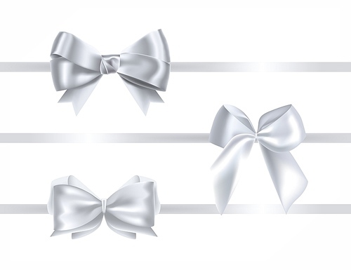 Collection of silk silver ribbons decorated with bows. Bundle of glossy decorative design elements. Set of holiday present decorations isolated on white . Realistic vector illustration