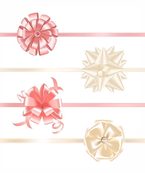 Collection of pink and beige satin ribbons decorated with bows. Bundle of fancy decorative design elements. Set of festive gift decorations isolated on white . Realistic vector illustration