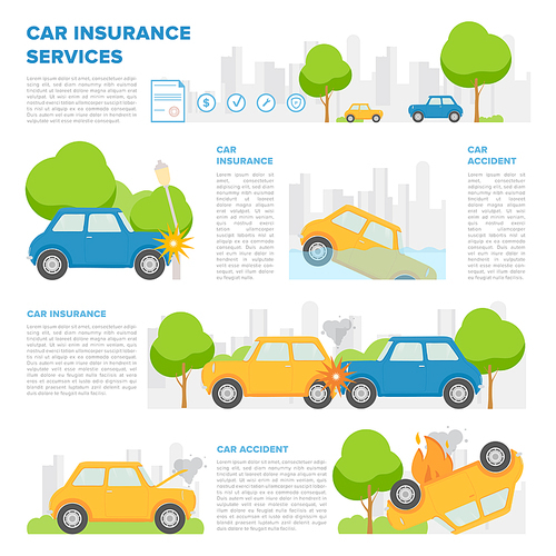 Concept of car insurance against various incidents. Page template with place for text and different car accidents. Colorful vector, cartoon style