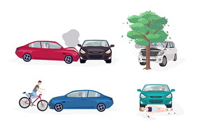 Road accident different situations collection. Car crash with car, tree, bicycle and skater. Colorful vector illustration set