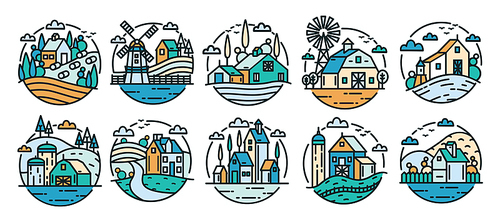 Countryside labels set. Farm various logo collection. Line art colorful vector illustration