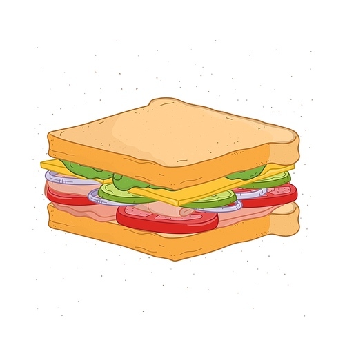 Appetizing sandwich isolated on white . Drawing of tasty fast food meal with bread, ham or bacon, cheese and vegetables. Delicious snack. Colorful hand drawn realistic vector illustration