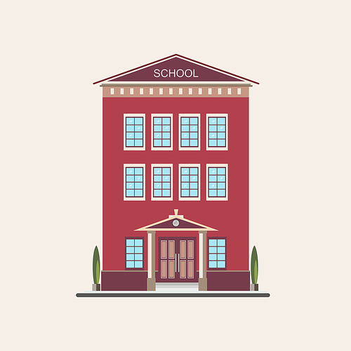 Classic low-rise school building front view. Colorful flat vector illustration