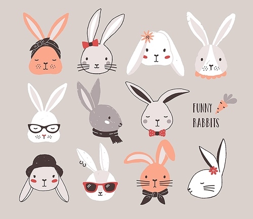 Collection of funny bunnies. Set of cute rabbits or hares wearing glasses, sunglasses, hats and scarves. Bundle of heads or faces of cartoon animals isolated on light background. Vector illustration.