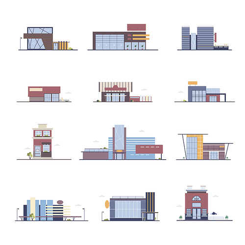 Shop, shopping center, supermarket, , store buildings set in flat style. Colorful vector illustration
