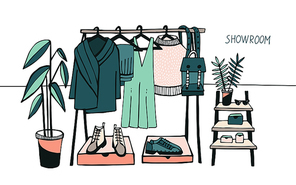 Vector illustration showroom, Coat rack with clothes, bags, boxes and shoes, fashion, modern style. Colorful