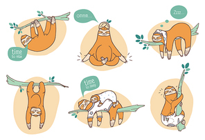 Collection of funny sloths in different postures. Lazy exotic animal sleeping, napping and relaxing on tropical tree branch. Cute cartoon character doing daily things. Colorful vector illustration