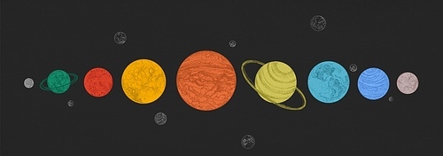 planets of solar system arranged in horizontal row against black . celestial bodies in outer space. natural cosmic objects in galaxy. elegant colorful vector illustration in dotwork style