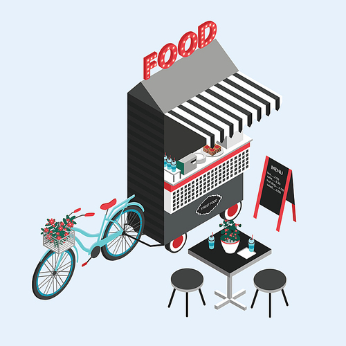 concept of street food. bicycle, foodtruck, portable cafe on wheels. isometric illustration with fastfood point of , table and chairs. top view. colorful vector