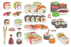 Set of sushi, rolls, wasabi, soy sauce, ginger, chopsticks. Traditional japanese seafood dishes. Hand drawn elements for menu design, vector colorful illustration collection