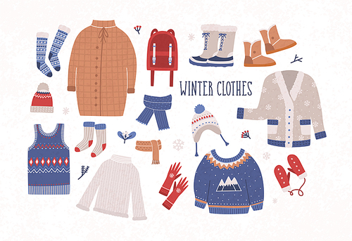 Collection of winter clothes and outerwear isolated on light background - woolen jumper, cardigan, coat, snow boots, scarf, hat, mittens. Bundle of seasonal clothing. Colorful vector illustration