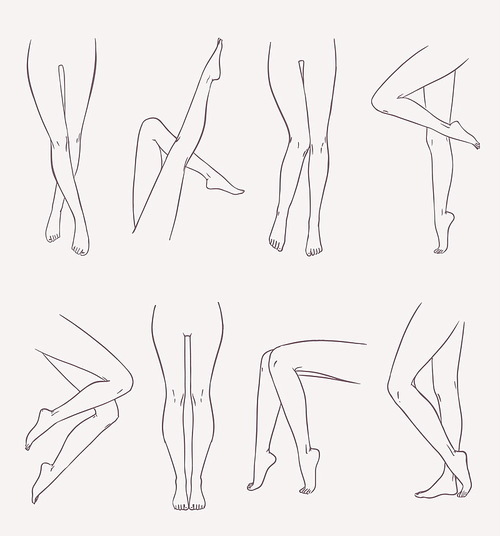 Set of various female legs. Hand drawn outline woman foot in different poses. Black and white vector illustration collection