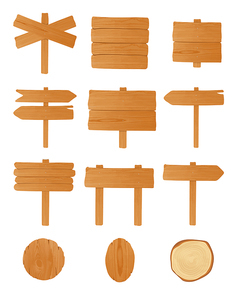 Set of different wooden signboards, planks, pointers. Colorful empty singposts collection. Vector illustration in cartoon style