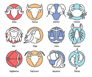 Collection of zodiac signs isolated on white  and indicated by colors of classical elements - fire, earth, air, water. Astrological constellation symbols. Colorful vector illustration