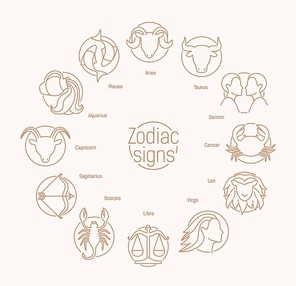Round composition with astrological signs drawn with contour lines on white background. Zodiac constellation symbols of traditional astrology organized in circle. Vector illustration in linear style.
