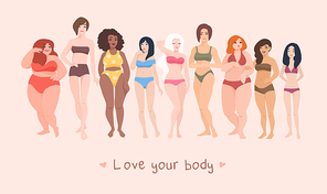 Multiracial women of different height, figure type and size dressed in swimsuits standing in row. Female cartoon characters. Body positive movement and beauty diversity. Vector illustration