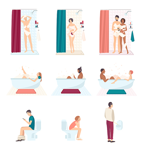 People in bathroom wash and using toilet, everyday hygiene. Couple take a shower, man pissing in a urinal, guy reading in the bath. Colorful flat illustrations set