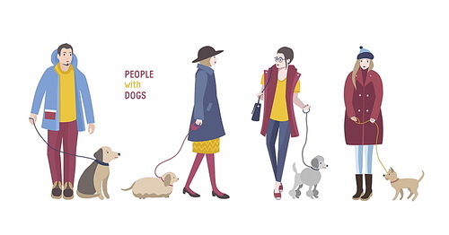 People walking with dogs, Colorful flat illustration.