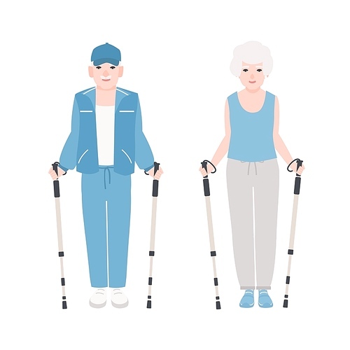 Pair of elderly men and women dressed in sports clothes performing nordic walking. Healthy outdoor activity for old people. Flat cartoon characters isolated on white . Vector illustration.