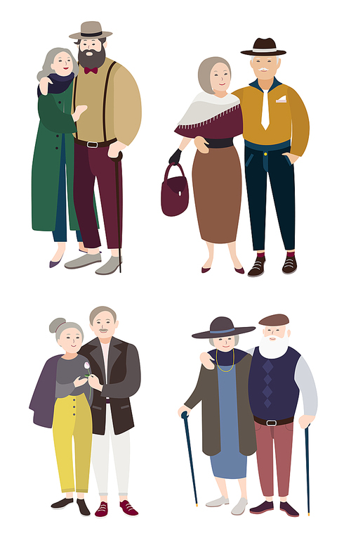 Relationships with aged man and woman. Senior couples in love. Colorful flat illustration.